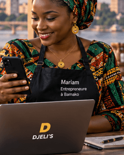 Mariam, entrepreneure à Bamako, consultant son téléphone